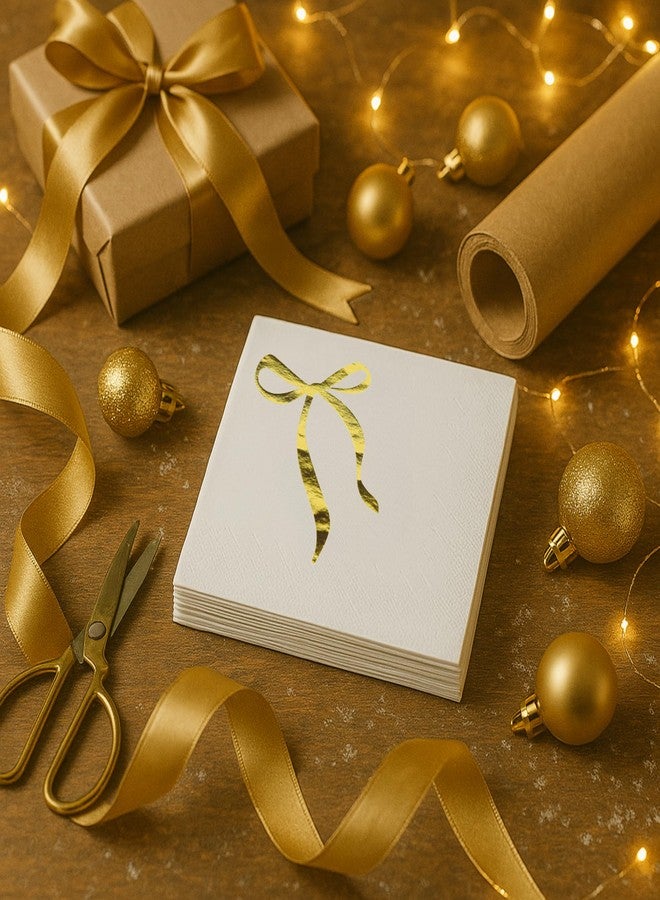 Sunshine Supply Bow Christmas Cocktail Napkins - Gold Foil Ribbon 3-Ply Disposable Paper Napkins for Thanksgiving Hosting, Holiday Parties, Christmas Celebrations and New Years Festivities - Image 3